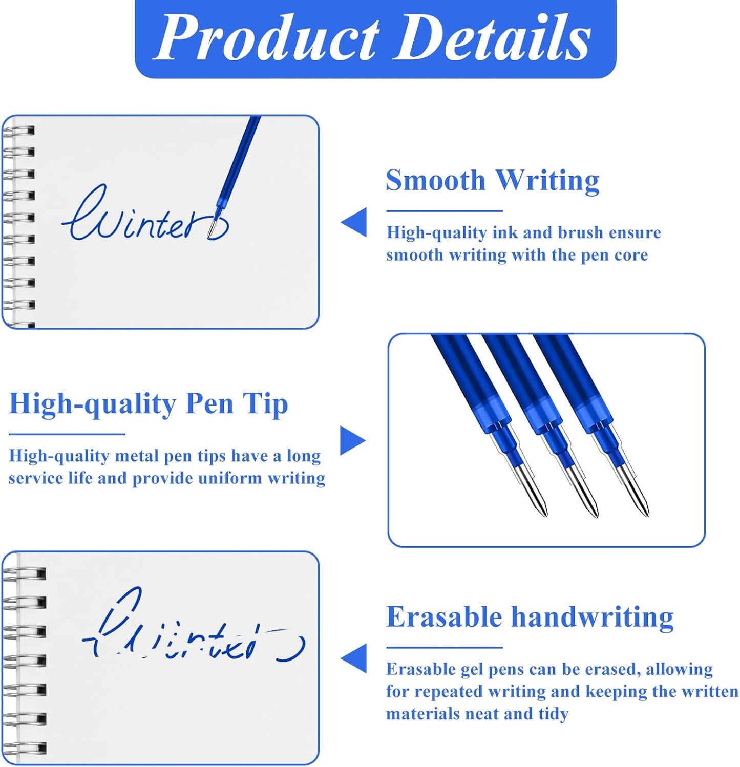 0.7 mm Erasable Gel Ink Pen Refills Compatible with Frixion Friction, Smooth Writing Multicolor Retractable Fine Point Pen Refill for School Office Home Art (Blue, 16)