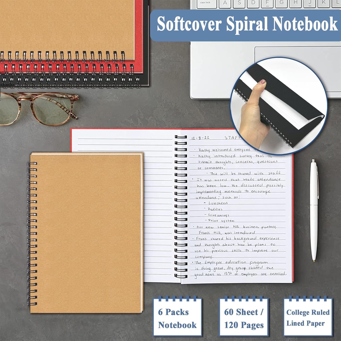 GINMLYDA Small Spiral Notebook A5, 6Pack 120 Lined Pages 8.25x5.5 Inches Spiral Journal Kraft Cover Notebooks & Writing Pads for School Home Office Aesthetic Sketch Drawing Note