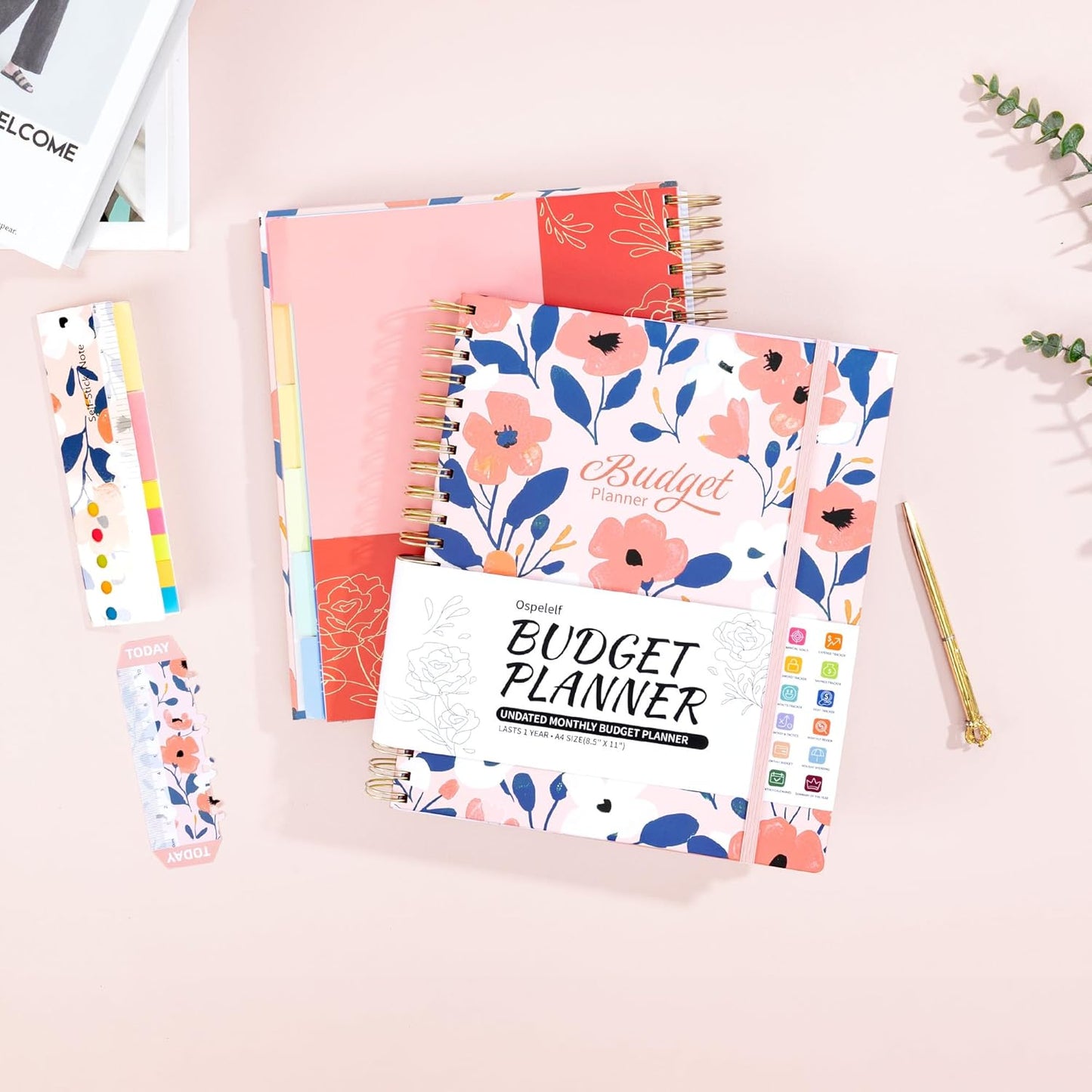 Ospelelf Budget Planner - Monthly Budget Book with Expense Tracker Notebook, Undated 12 Month Bill Organizer & Finance Planner, A4 Account Book with 12 Index Pockets, Zipper Pouch, Stickers Floral 2
