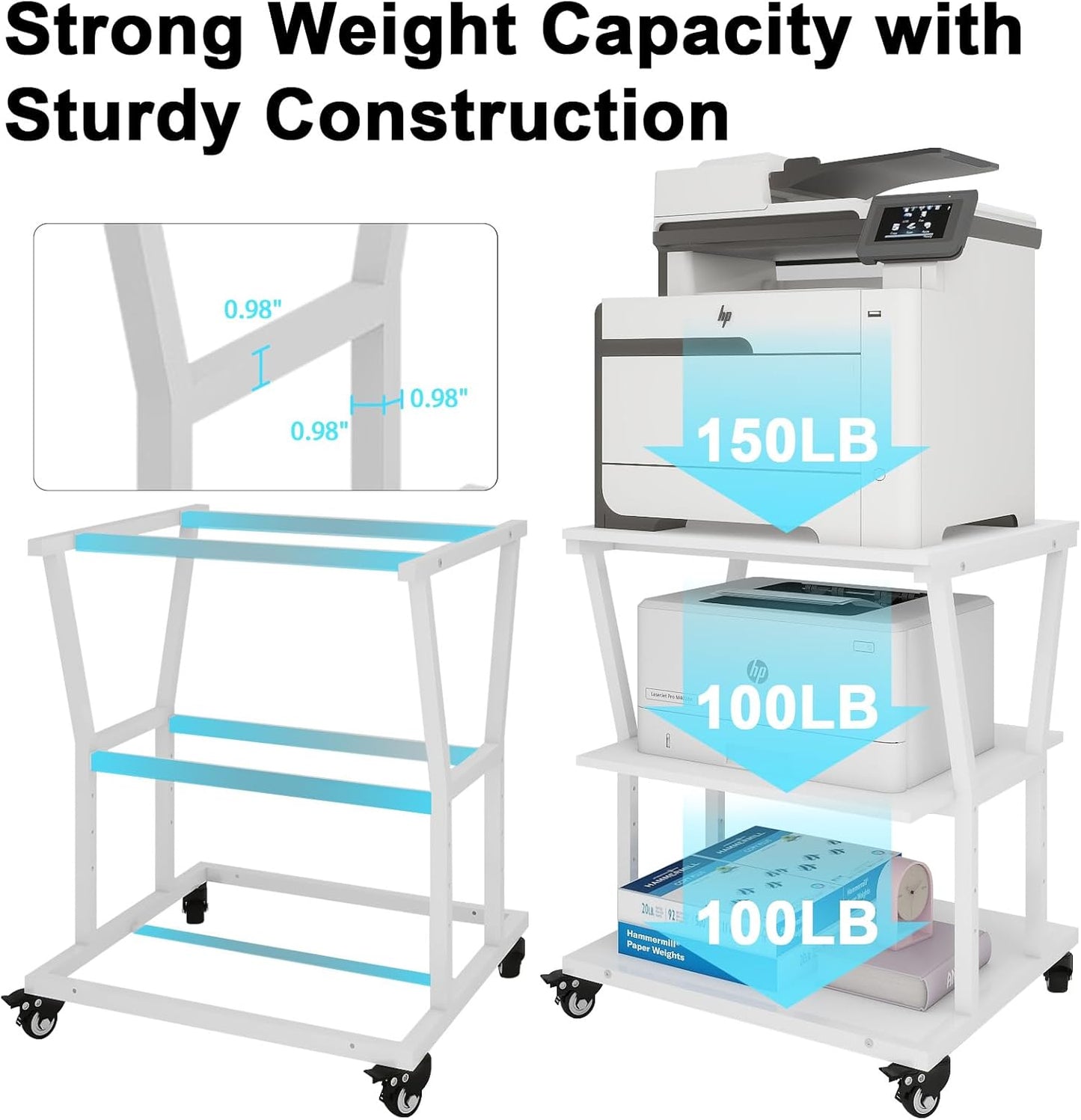 Natwind 3-Tier Large Printer Stand,23.6"x23.6"x29.5" Heavy-Duty Printer Table Cart with Paper Storage Shelf & Wheels,Ideal for Home Office Laser Printers, Copiers (White)