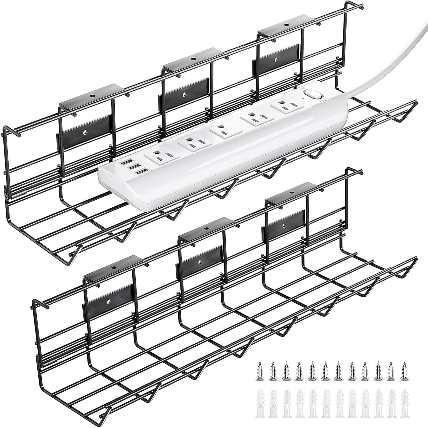 2 Pack DELAMU Under Desk Cable Management Tray, Metal Cord Cable Organizer for Desk, Easy Install Pre-drilled Wire Management Wire Organizer for Office & Home