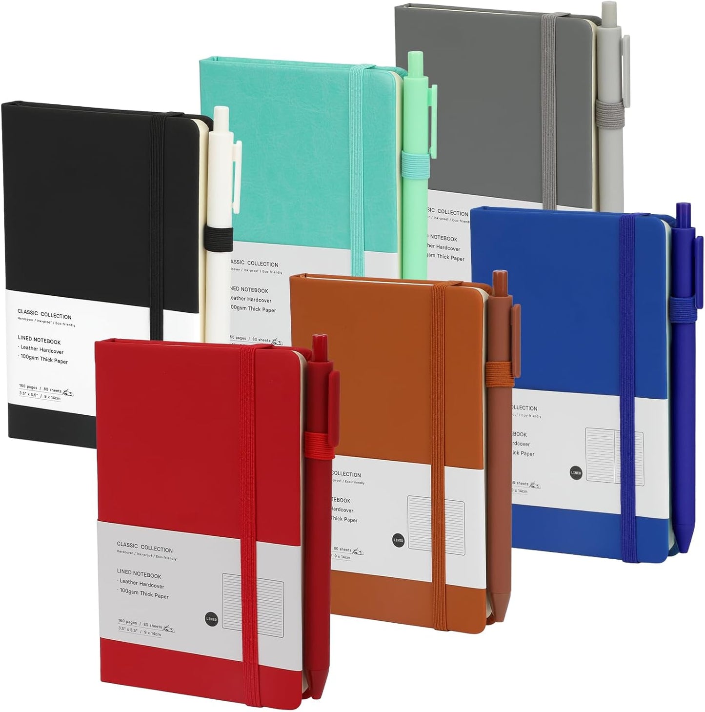 Coopay 6 Pack A6 Pocket Small Notebook with 6 Pens Bulk Classic Hardcover Leather Journal Set with Pen Holder for Men Women Writing, Office, Home, School, Business, 100GSM, 3.5” x 5.5”, Multicolor