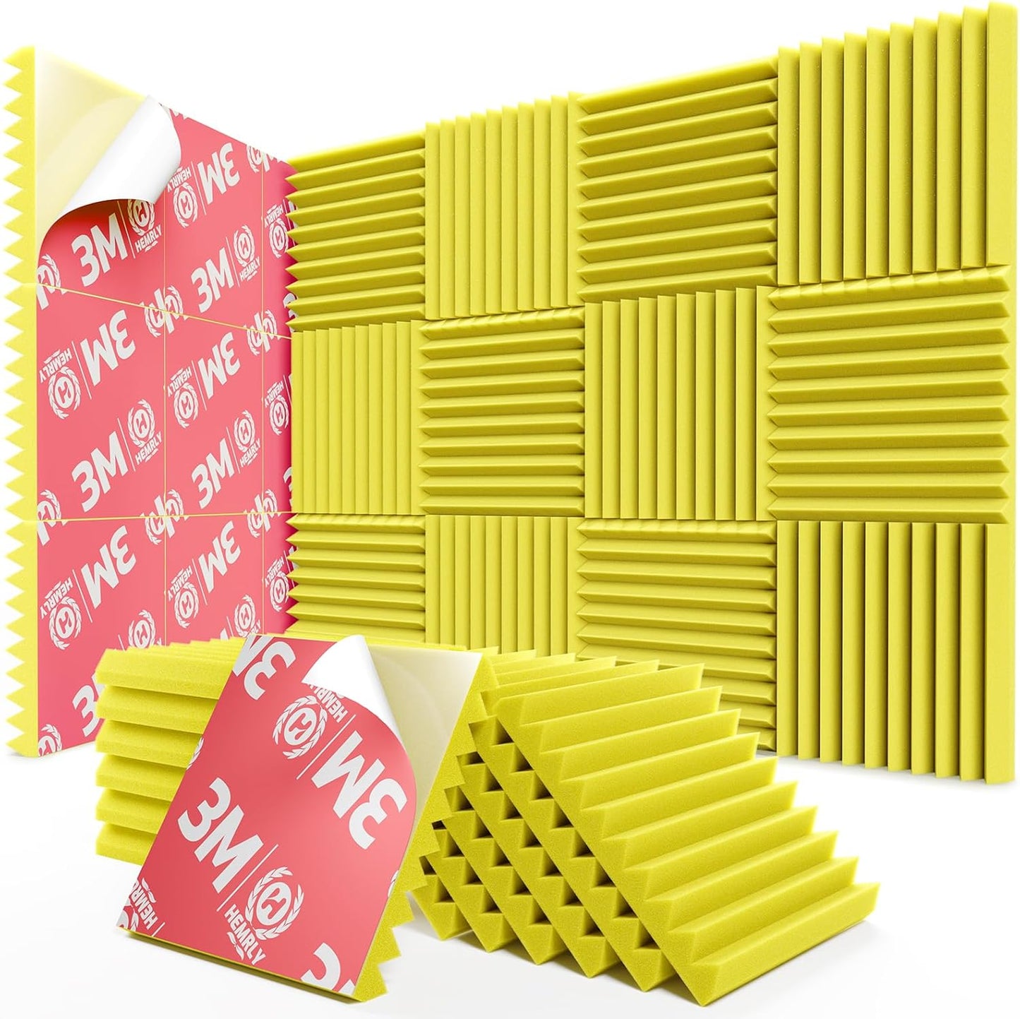 12 Pack Sound Proof Foam Panels for Walls,Self-Adhesive Foam Acoustic Panels Sound Absorbing,High Density Quick-Recovery Soundproof Wall Panels 12" X 12" X 1"-Yellow