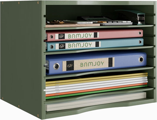 Bamjoy Bamboo 5 Tier Desktop Organizer, Paper Organizer Mail Sorter, File Holder Letter Document Storage with Adjustable Shelves for School Home Office, Forest Green
