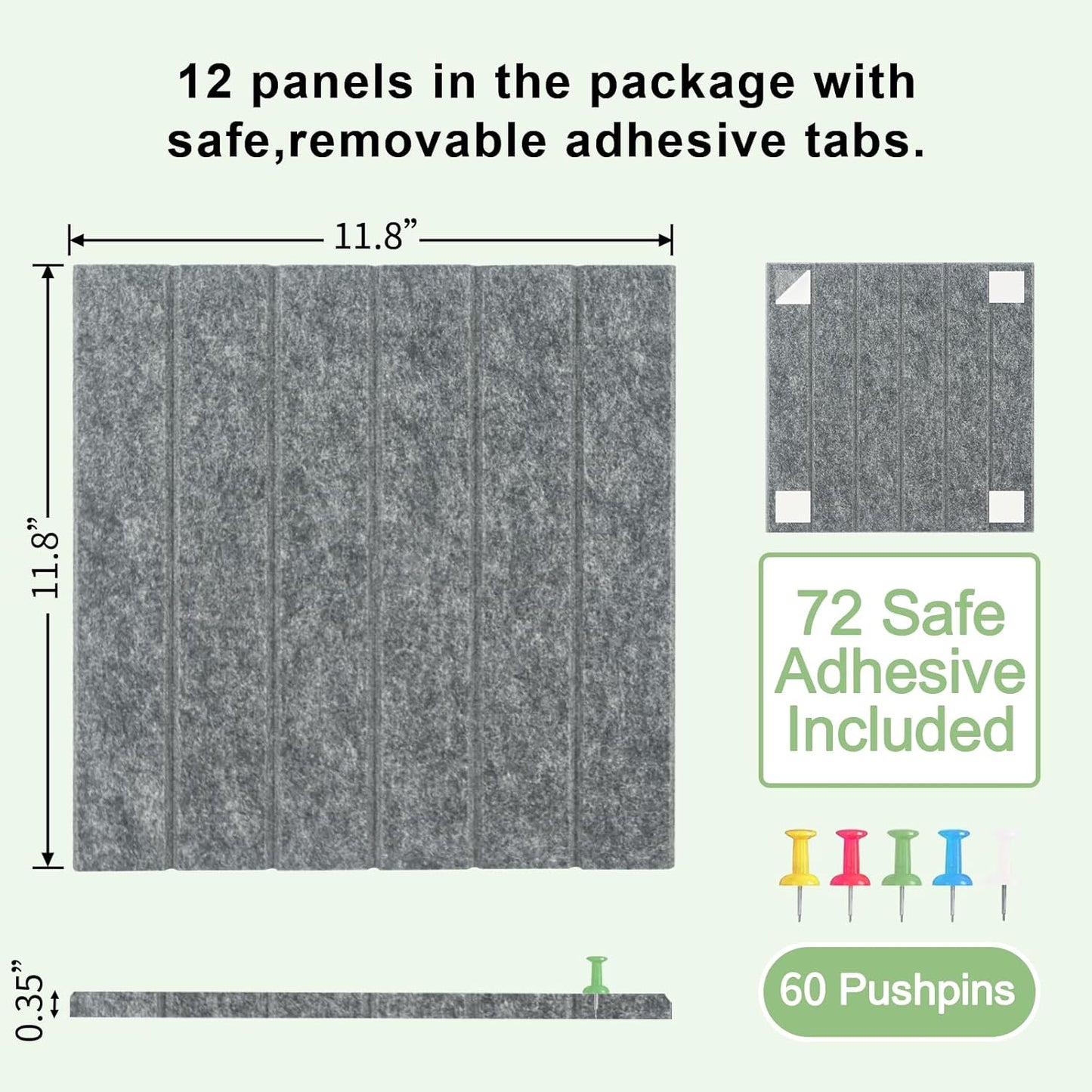 12 Pack Large Cork Board for Walls, Slat Wall Paneling, 48" X 36" Felt Bulletin Board Tiles with Safe Removable Adhesive Tabs & Push Pins, Pin Board Cork Board Wall Organizer for Office - Dark Grey