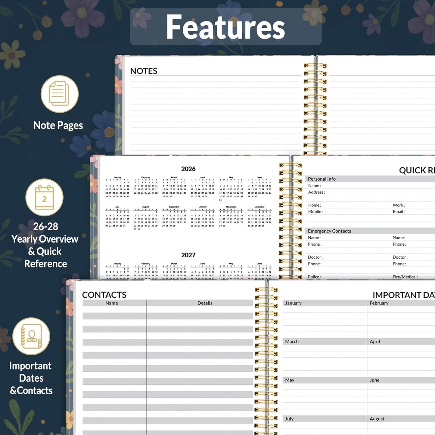 SUNEE 2026 Appointment Book, Quarter-Hourly, Weekly & Monthly - from January 2026 - December 2026, 8.5"x11" Weekly Planner, Flexible Cover, Note Pages, Pockets, Bookmark, Spiral Binding, Navy Flower