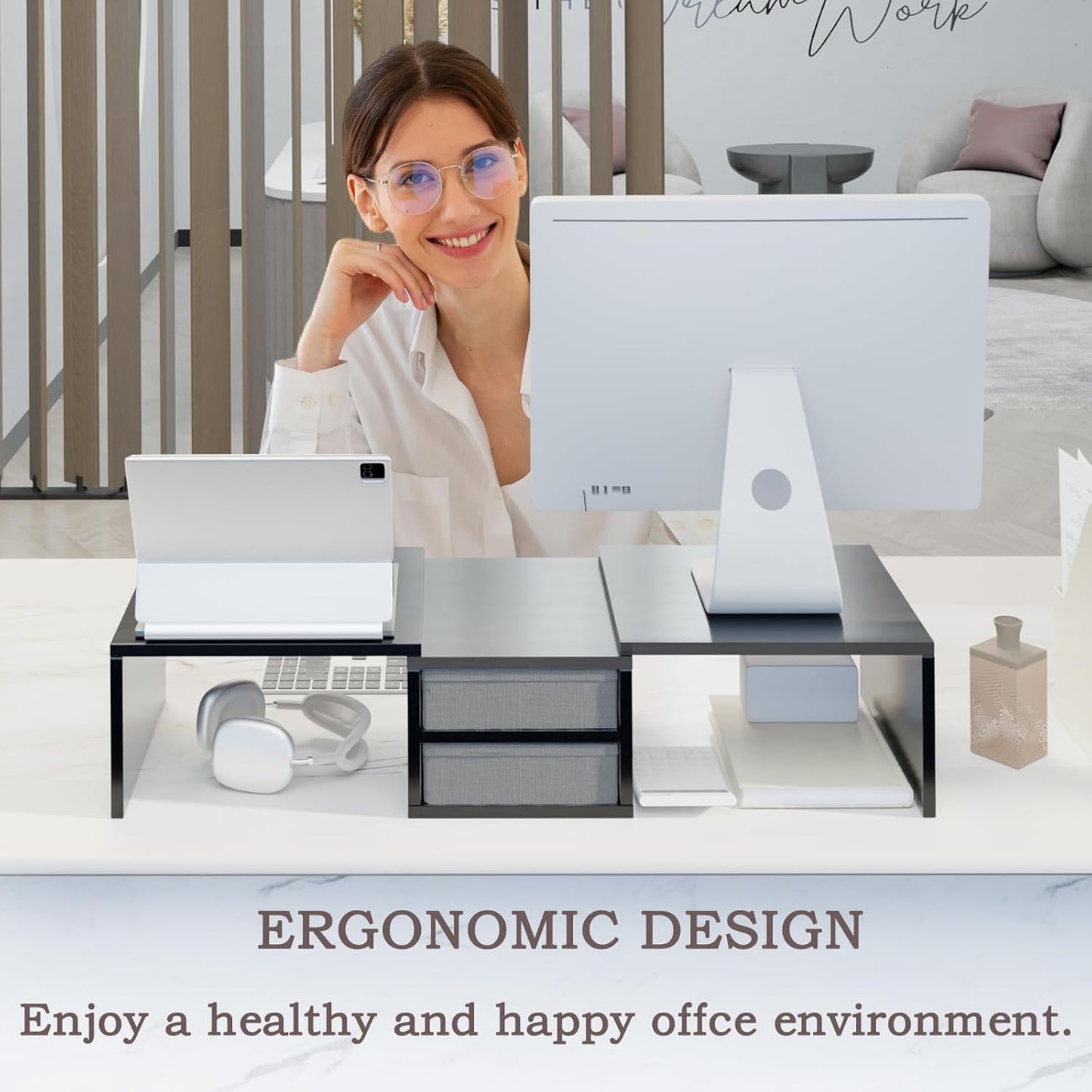 TEAMIX Dual Monitor Stand Riser with 2 Drawers-Length and Angle Adjustable 3 shelf Monitor Riser with Storage Desk Organizer Large Computer Monitor Stand for 2 Monitors/Laptop/PC,Wood Screen/TV Stand