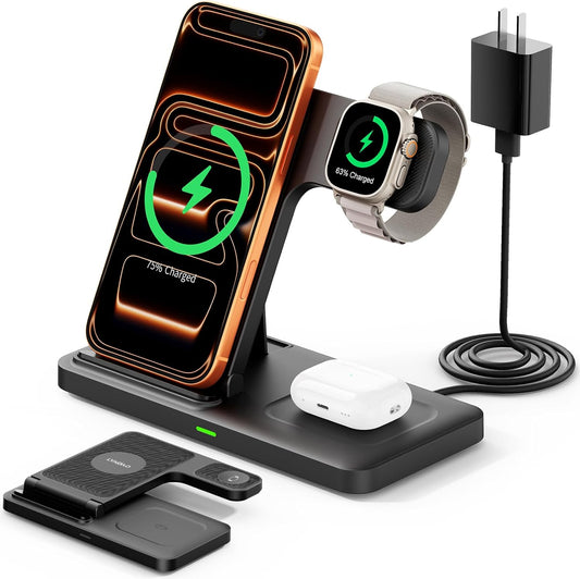 2025 3 in 1 Wireless Charger for iphone17 16 15 14 13 12 11 XR 8, Apple Charging Station for Apple Watch 10/9/Ultra/8/7/SE/6/5/4 & AirPods Series, Wireless Charging Station for Multiple Devices Apple