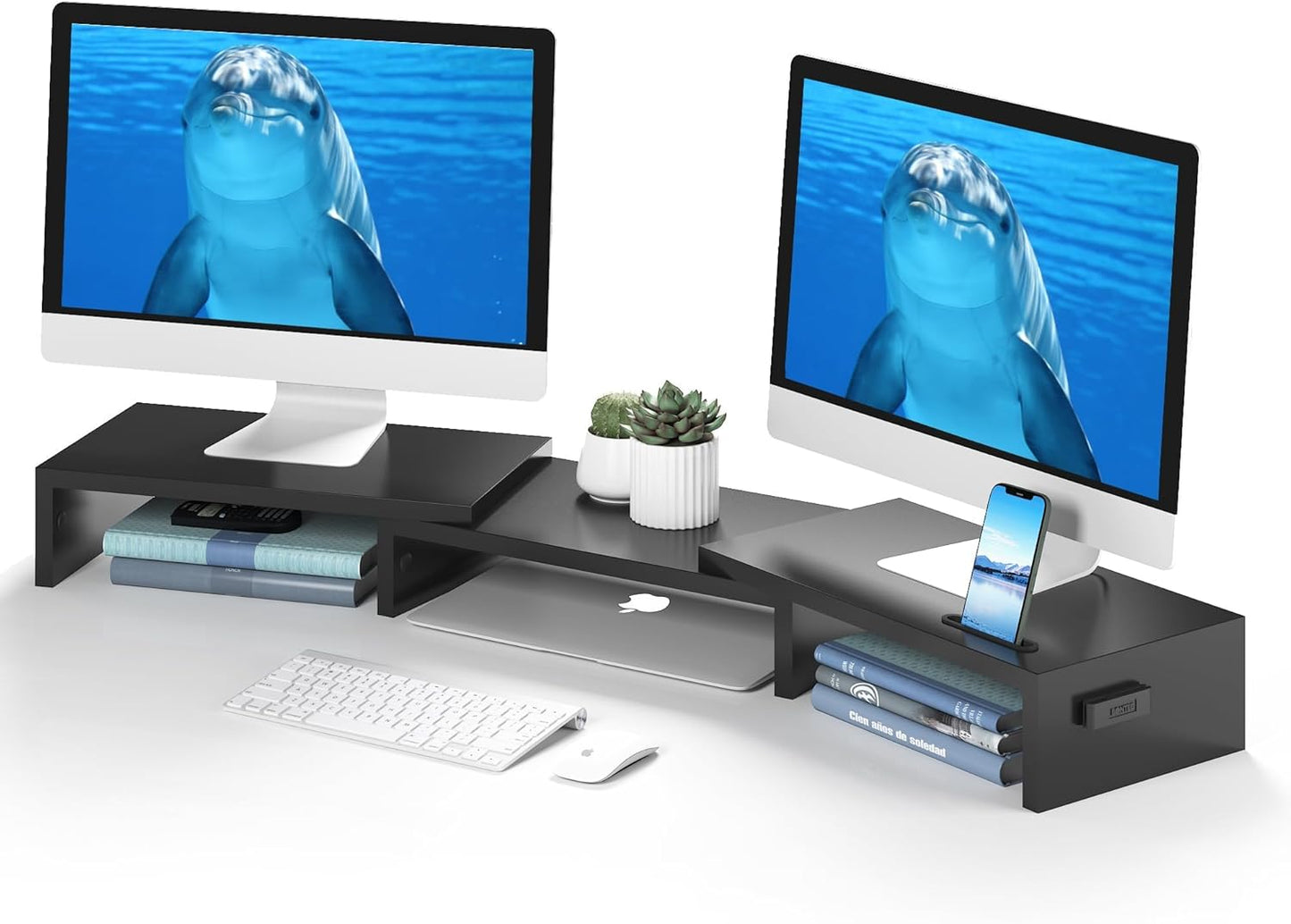 BONTEC Dual Monitor Stand for Desk, Adjustable Length and Angle Monitor Stand Riser with Smartphone Holder, Desk Shelf for Top of Desk, Computer Monitor Stand with Storage, Office Desk Organizer, Black