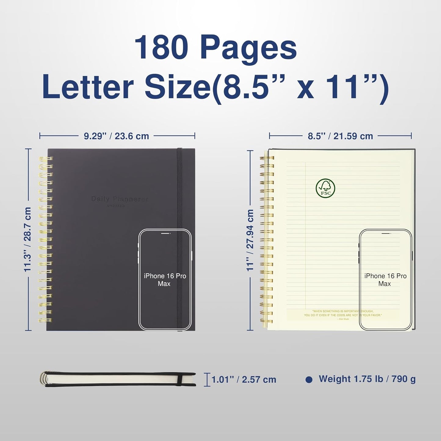 Undated Daily Planner To Do List Hourly Schedule 2027 2026 2025 Calendar & Holiday Habit Tracker 180 Pages Letter Size 8.5" x 11" Sheets Hardcover Spiral Bound Notebook (Black)
