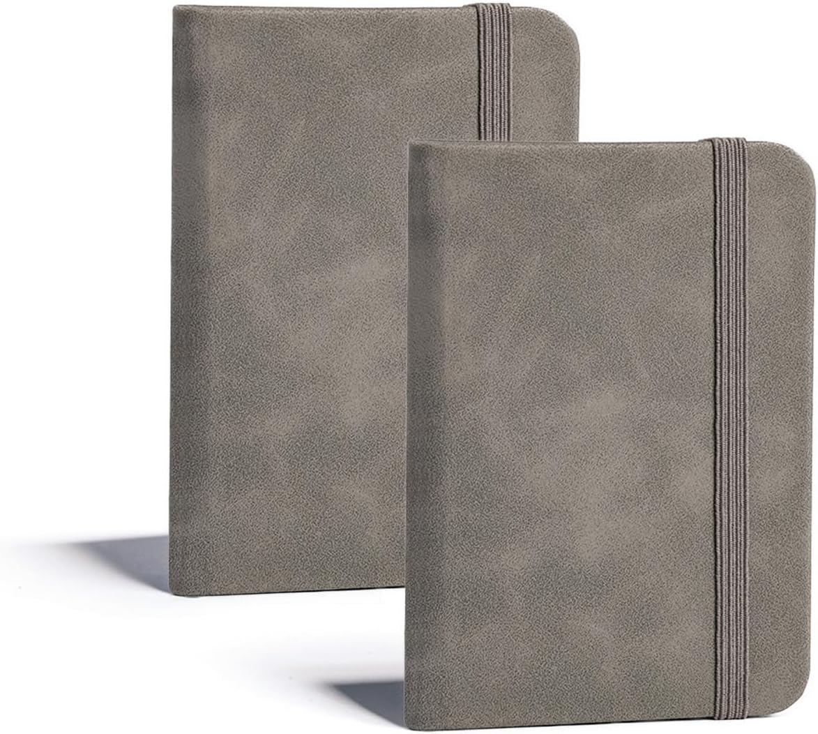 2 Pack Pocket Notebook Small Notebook, 3" x 4.4" Journal Notebook Hardcover with Thick Lined Paper, 200 Pages Leather Cover Mini Journal Notepad (Gray)