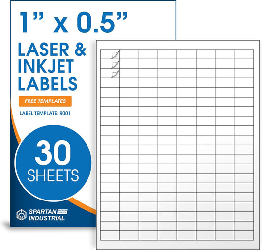 1" X 0.5" Matte White Printable Labels Compatible with Inkjet and Laser Printers - 30 Sheets, 4800 Small Stickers for Barcodes, Product Labeling, Inventory - Spartan Industrial