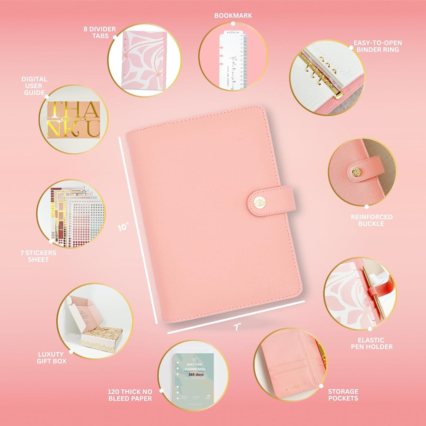 Bossy Girl Journey - A5 Daily Planner Binder – Undated Time Blocking Refillable Organizer for Women with 110gsm Paper, PU Leather Cover, Stickers, Dividers, Pen Loop, Gift Box – Goal Setting & Productivity (Rose)