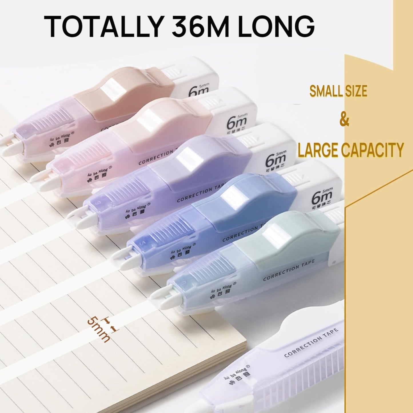 Refillable Quick-Dry White Correction Tape Set, 118ft(36m) Total, Pack of 6, Aesthetic Cute Pen-Shaped Applicator, School & Office Supplies(White)