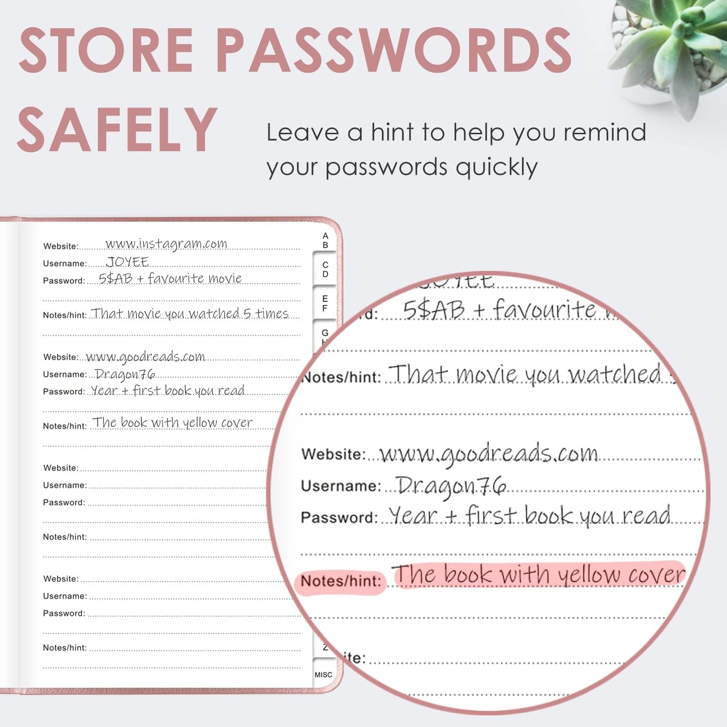 Elegant Password Book with Alphabetical Tabs - Hardcover Password Book for Internet Website Address Login - 5.2" x 7.6" Password Keeper and Organizer w/Notes Section & Back Pocket (Rose Gold)