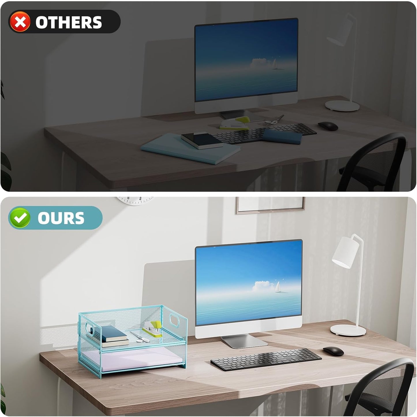 Marbrasse 2 Tier Paper Organizer Letter Tray, Mesh File Organizer with Handle, Paper Sorter Desk Organizer for Home Office Supplies - Blue