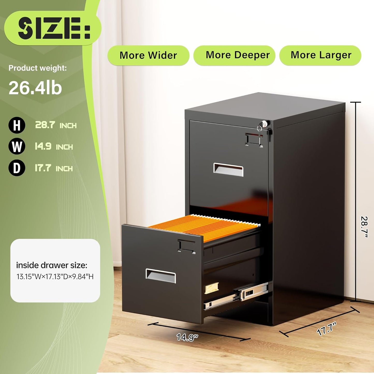 Crownland Lateral File Cabinet with 2 Drawers, 15" W Metal Lockable Office File Cabinets for Home Office- Stores Letter/Legal/A4/F4 Files(Black)