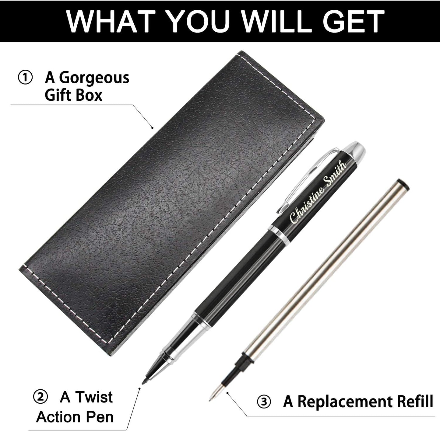 Amlion Personalized Pens Custom Engraved Pen with Name, Refillable Medium Refill, Personalized Gifts for Men Women