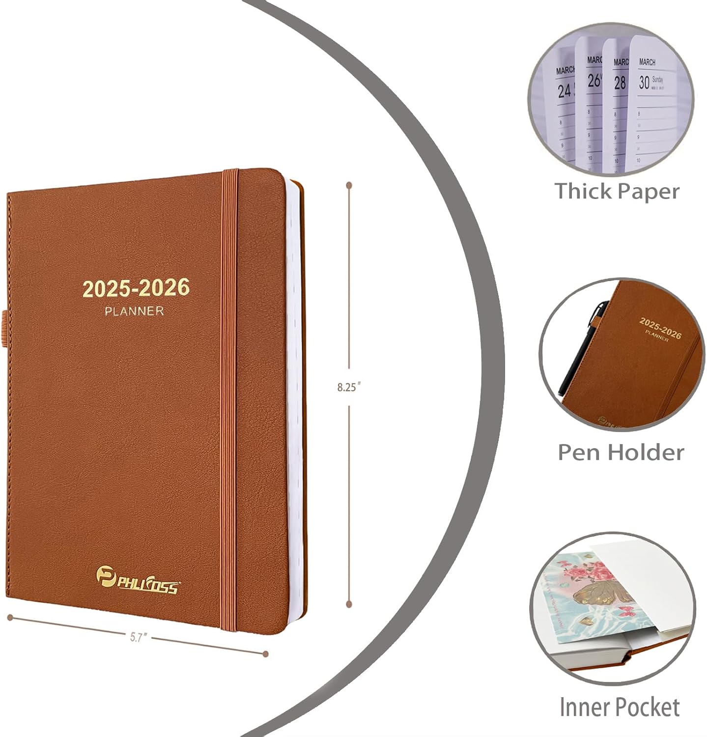2025-2026 Daily Planner, One Page Per Day, Academic Planner (July 2025 - June 2026), Appointment Book with Time Slots and Monthly Tabs, 5.7" x 8.25", Pocket, Leather Cove (Brown)
