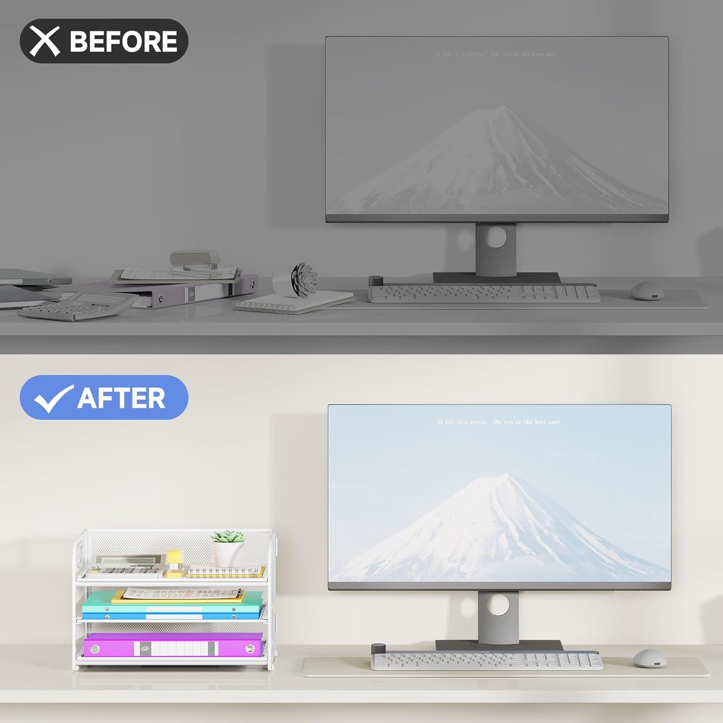 3 Tier Paper Organizer with Handle, Metal Desk Organizer Mesh Paper Letter Tray Desktop File Folder Document Sorter for Classroom, School, Office Accessories Organization and Storage - White