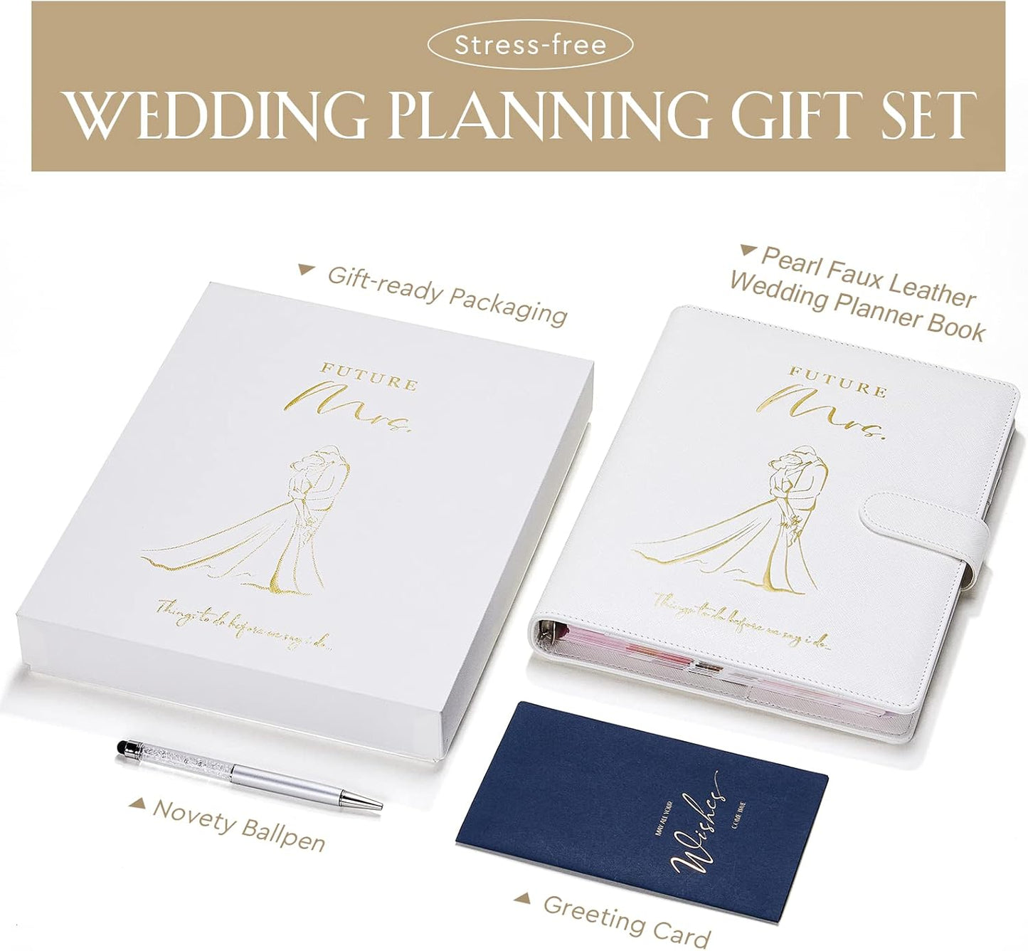 AW BRIDAL Best Engagement Gifts For Her Bride To Be Gifts∣Future Mrs Leather Wedding Planner Book And Organizer For The Bride Wedding Planning Notebook Budget Planner Binder, 140 Pages, White