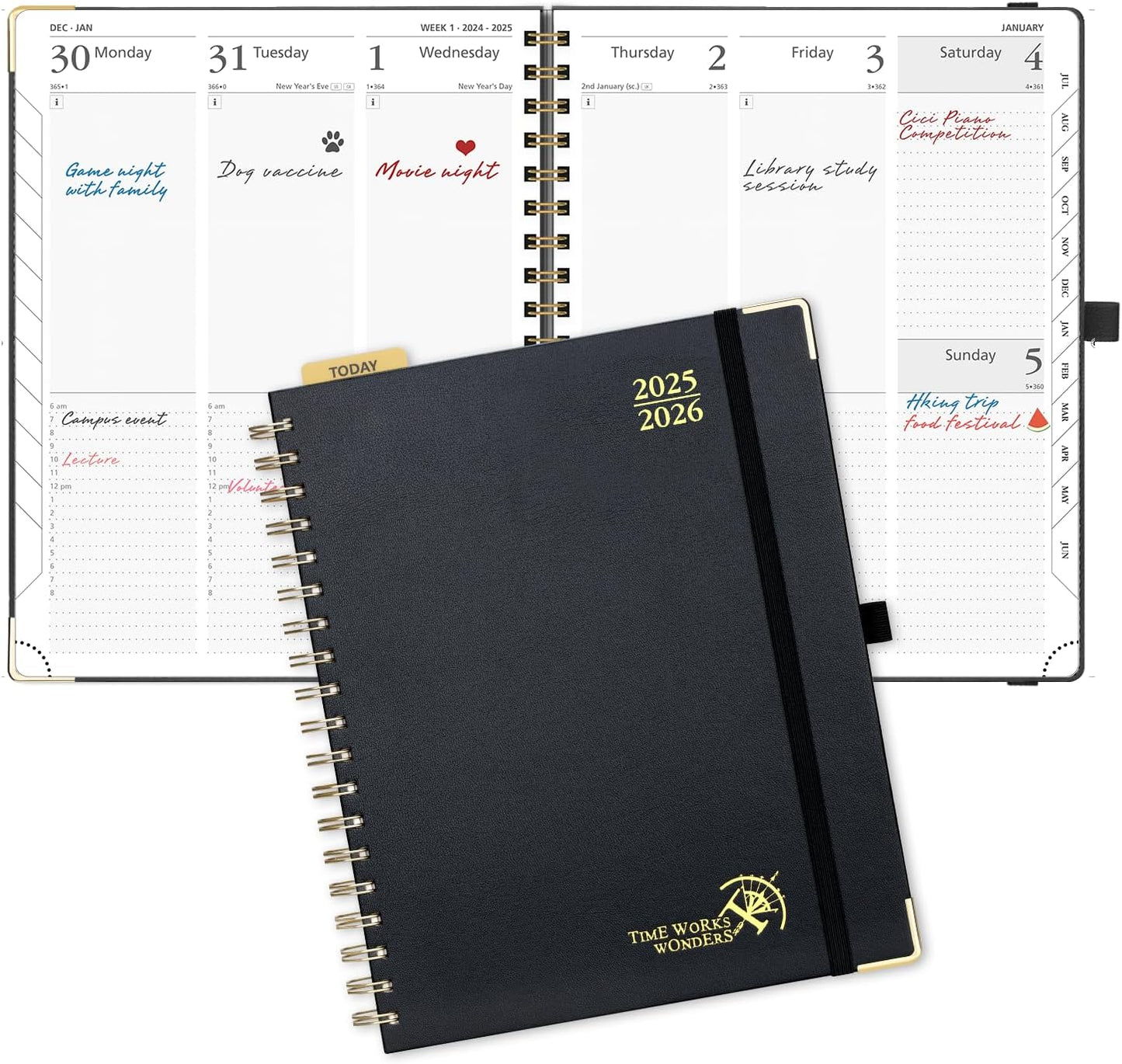 POPRUN Academic Planner 2025-2026 (July 2025-June 2026), Daily Weekly and Monthly Appointment Book (Wirebound Hard Cover - 10'' x 8'') with Hourly Time Slots, Tabs, 100 GSM - Black