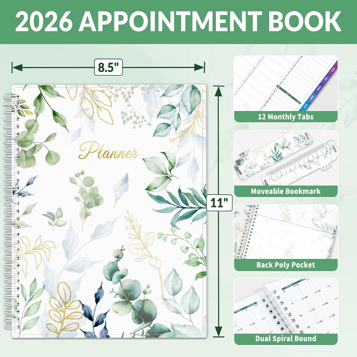 SUNEE 2026 Appointment Planner 15-Minute Time Block – Weekly & Monthly Spiral Organizer with Note Section – Thick Paper, Lay-Flat Bound – 8.5 x 11 for Office, School, Salon, Men & Women, Greenery