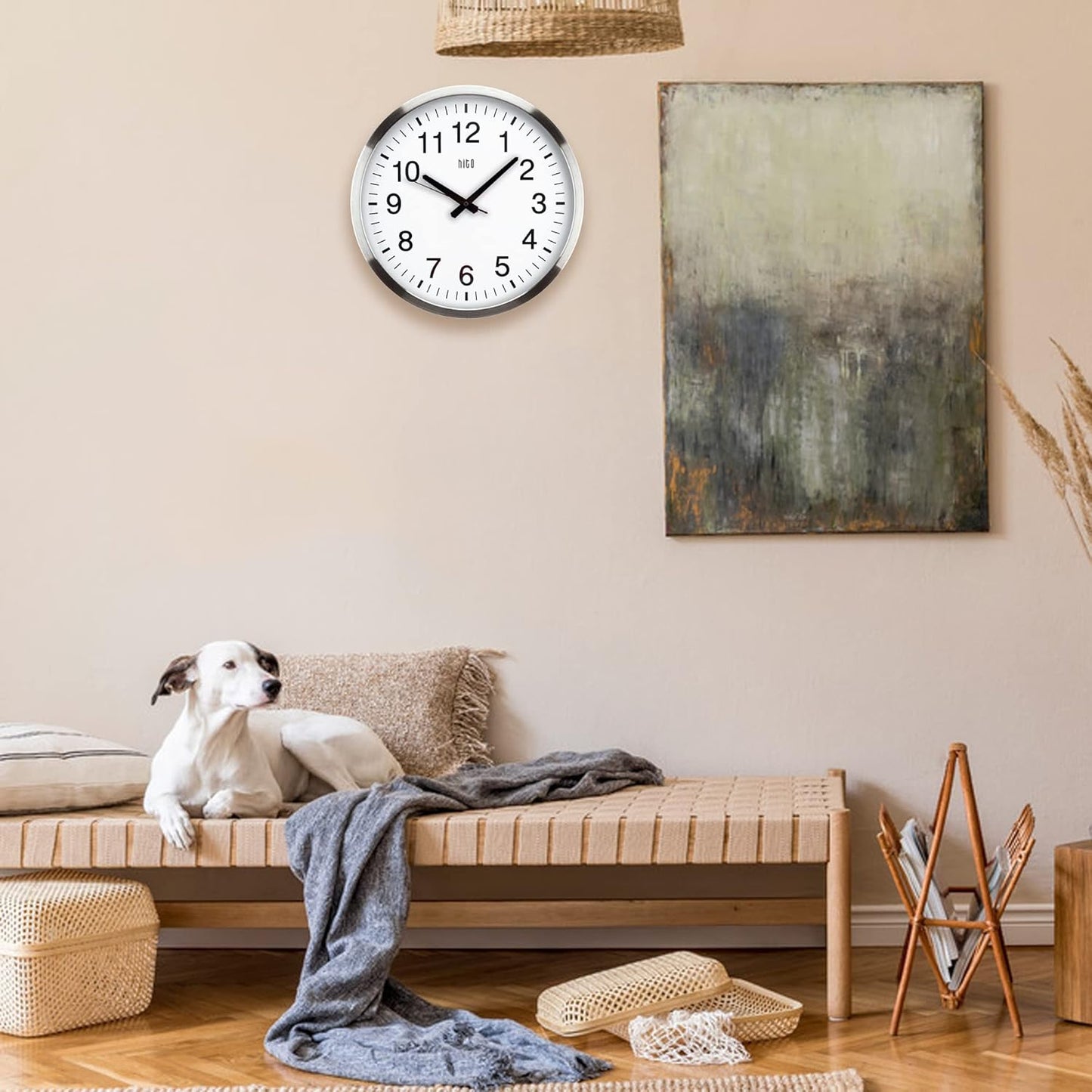 HITO 16" Silent Wall Clock Battery Operated Non Ticking Sweep Movement Glass Cover Silver Aluminum Frame, for Kitchen, Bedroom, Home Office, Living Room Decor