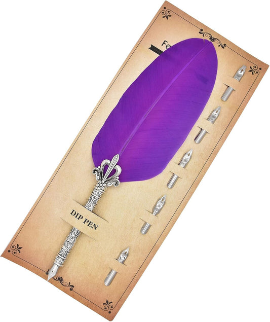 Gullor Feather Quill Pen and 5 Calligraphy Nibs for Beginners Kids Calligraphy Writing Quill Dip Pen Set, LightPurple