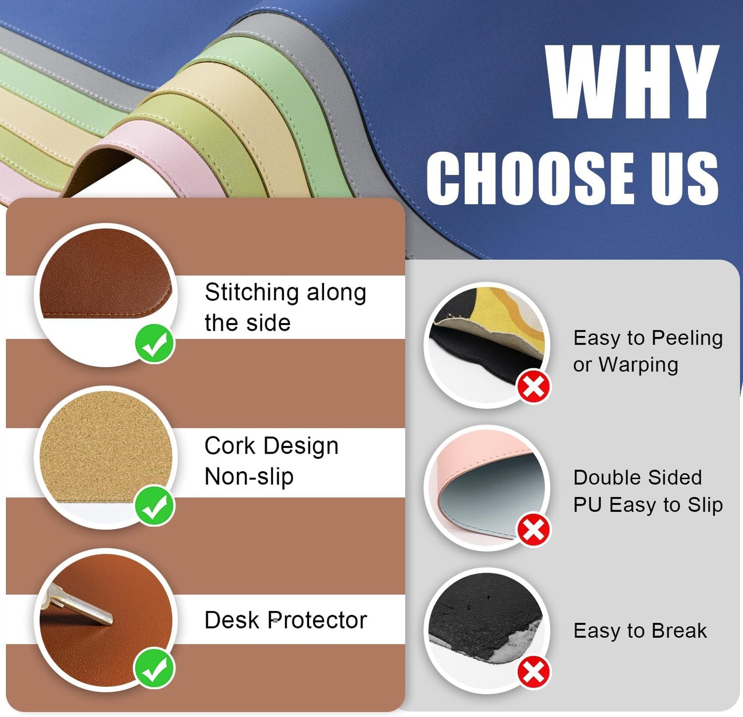 Dual-Sided Desk Pad, Natural Cork & PU Leather Mouse Pad for Desk, Desk Pad Protector, Non-Slip Desk Mat for Office and Home Work, (Brown, 23.6" x 13.7")