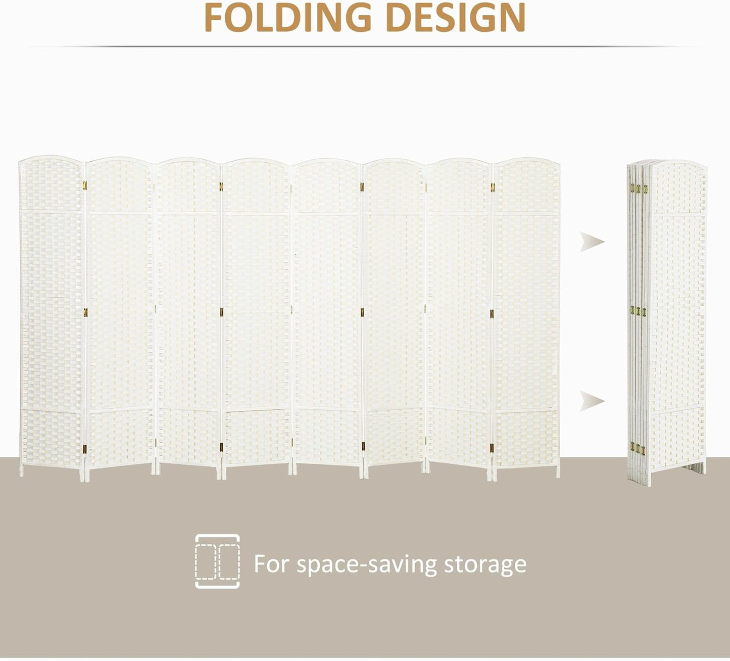 HOMCOM Room Divider, 8 Panel Folding Privacy Screen, 5.6' Tall Freestanding Wall Partition for Home Office, Bedroom, White