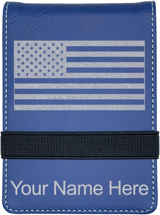 LaserGram Mini Padfolio with Notepad and Pen, Flag of The United States, Personalized Engraving Included (Dark Blue)