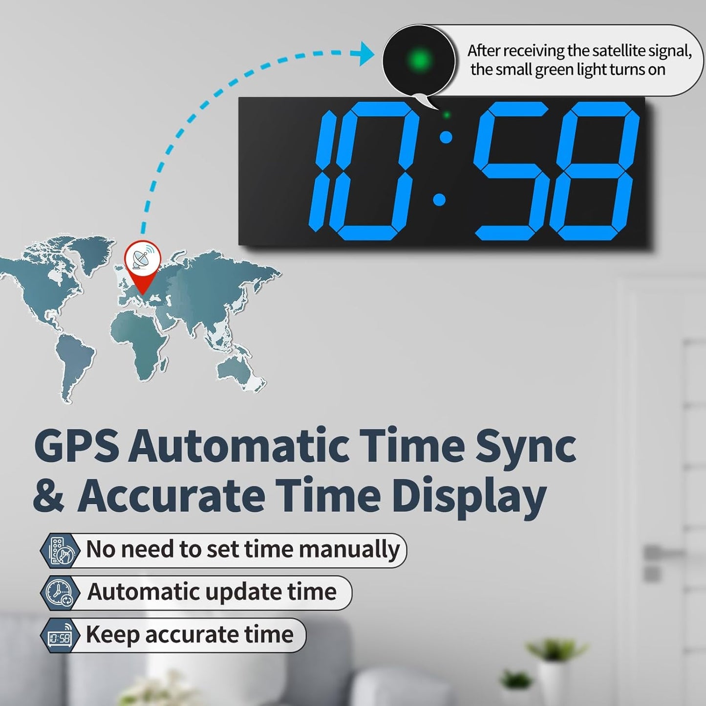 18.7'' Automic Digital Wall Clock, LED Wall Clock with Large Display, Multi-Function Clock with Alarm and Timer, Auto Time Sync Digital Clock with Adjustable Brigthness(Blue)