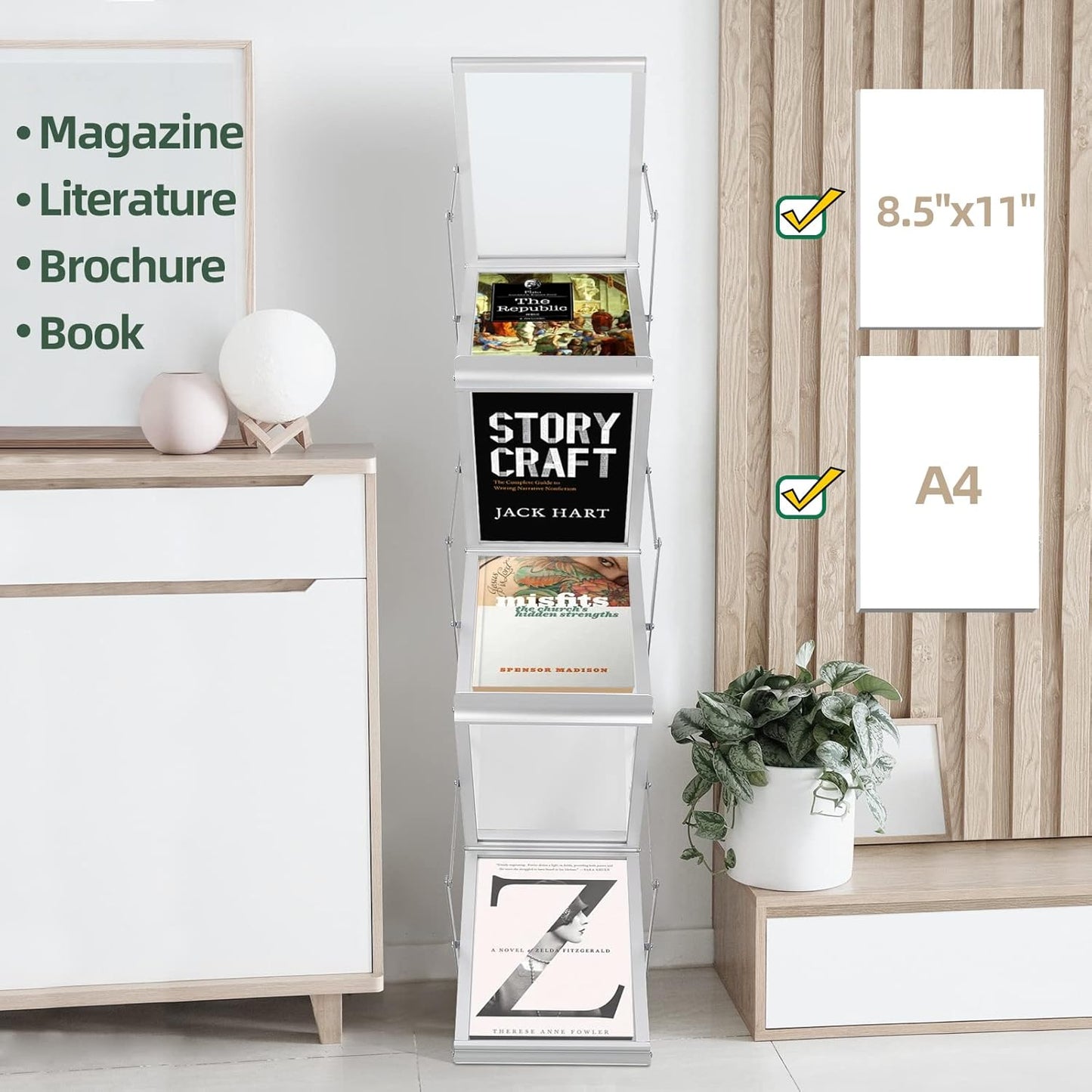 6 Pockets Collapsible Literature Rack for Trade Shows, Metal Floor Standing Literature Stand Catalog Rack Brochure Rack Flyer Holder Pamphlet Holder with Carry Case