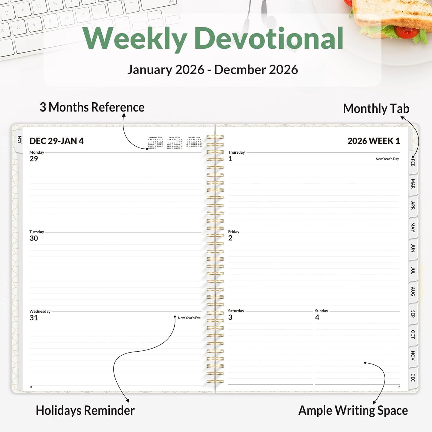 SUNEE Planner 2026 Weekly and Monthly, January 2026-December 2026, 8.5"x11", Tabs, Note Pages,Spiral Binding, Deep Green