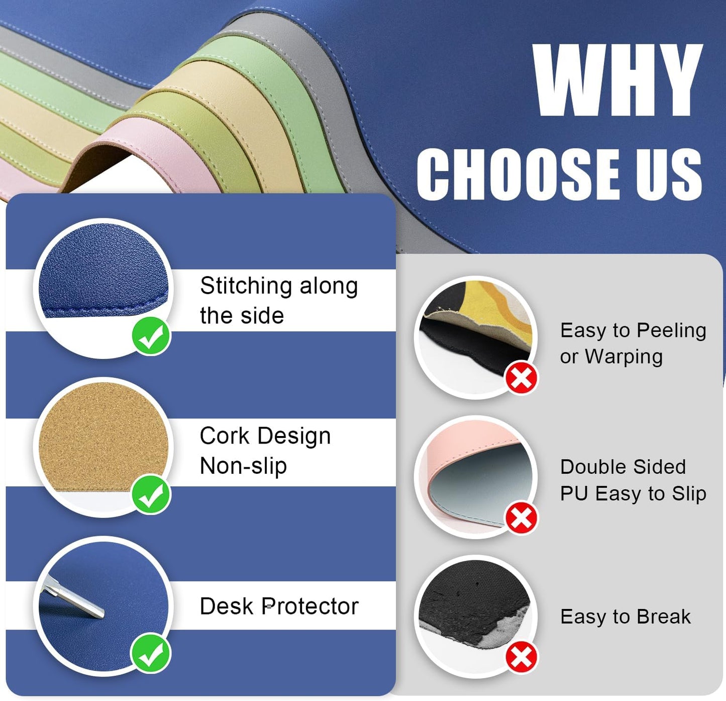 Large Desk Pad 35.4" x 17", Non-Slip Desk Mat with PU Leather & Natural Cork, Waterproof Writing Desk Natural Cork, Computer Mat Desk Protector for Office Home, Dark Blue