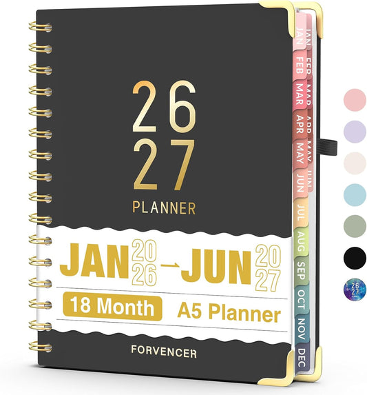 Forvencer Planner 2026-2027, 18 Month Weekly and Monthly Calendar Planner, Jan 2026 -June 2027, 6.3" x 8.4", Daily Agenda Book with Tabs, College Organizer Notebook, School Supplies for Student Teacher Classroom, A5, Black