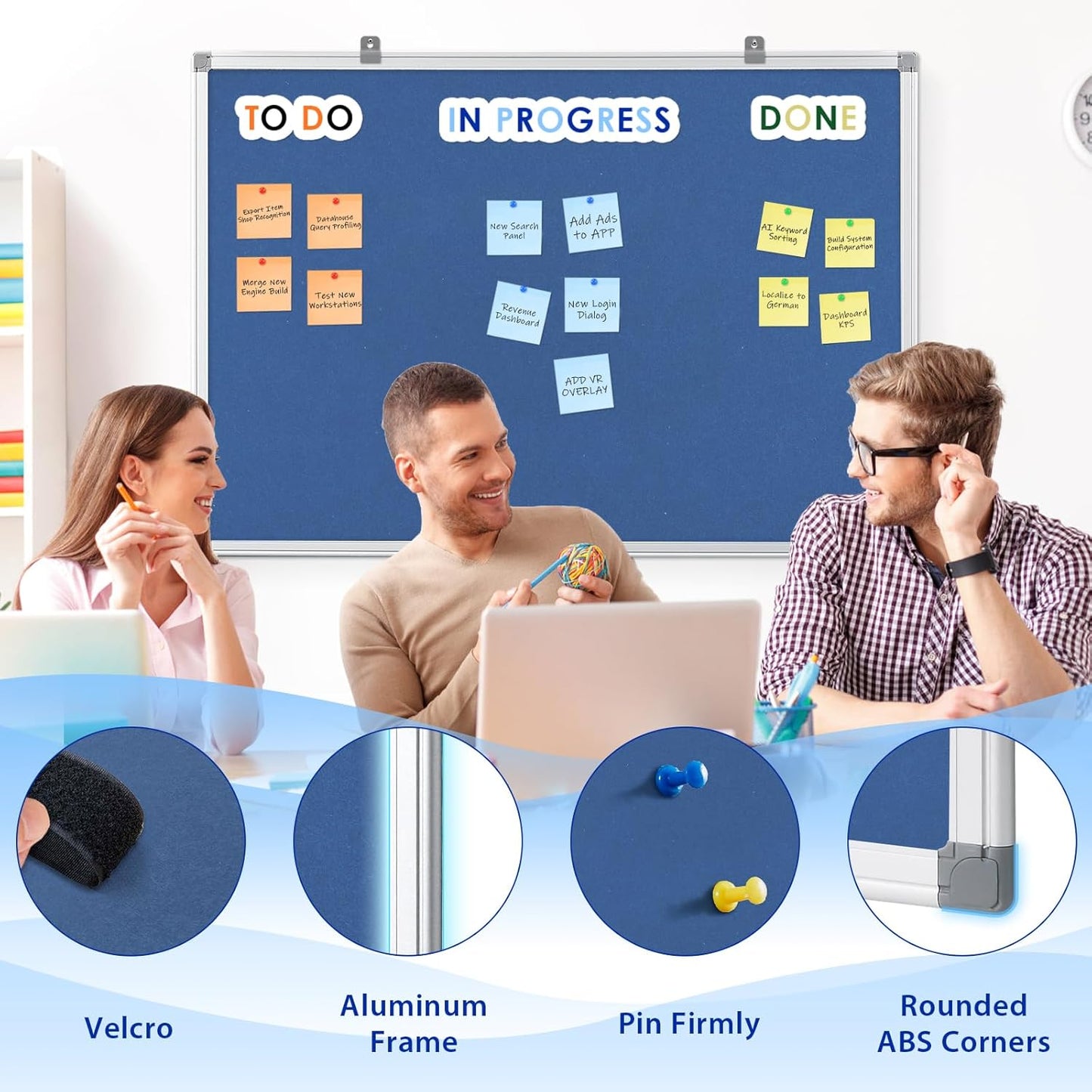 Hanging Fabric Board Message Memo Board Display Organization for Company Public Office,Blue Felt,24x18inches