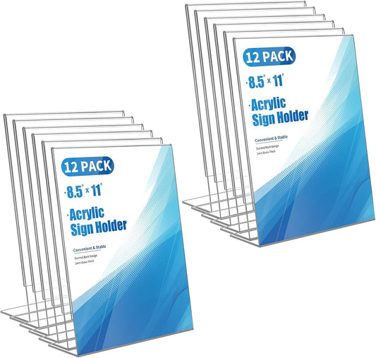 12-pack Acrylic Sign Holder 8.5*11 Standing, Clear Plastic Sign Stand Tabletop Dispaly for Menu, Flyer, Brochure, Picture, Used in Restaurants, Offices, Store and Home, Vendor Booth, School