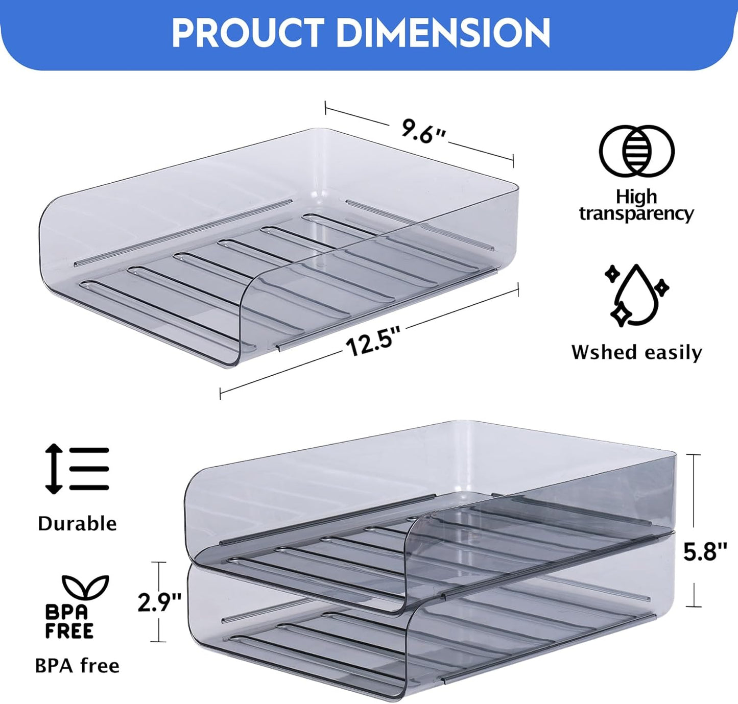 2 Pack Stackable Paper Tray Organizer, Clear File Organizer for Desk, Office Organizer and Storage for Desk Accessories, Notes, Books, File Paper, Document, Black