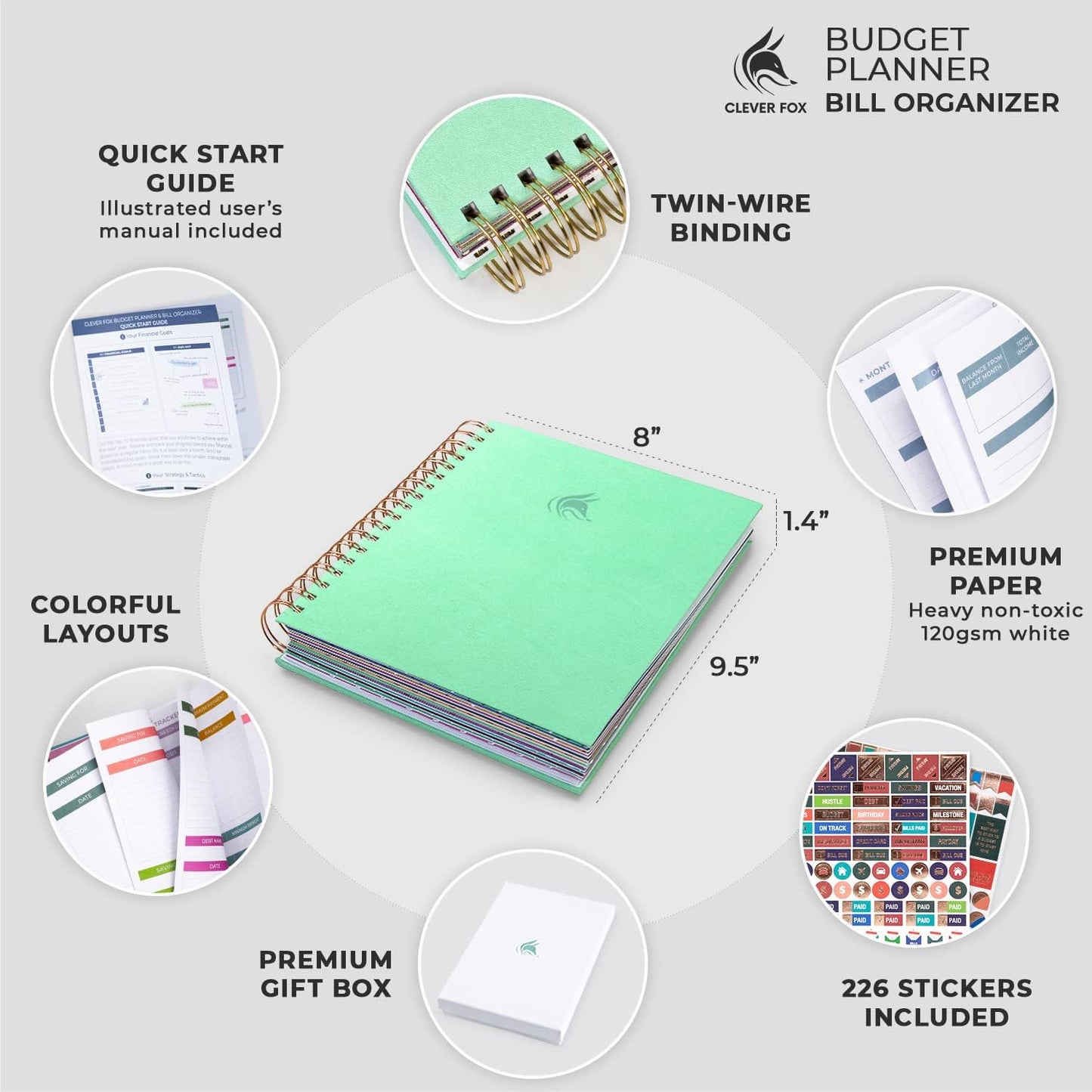 Clever Fox Budget Planner & Monthly Bill Organizer With Pockets. Expense Tracker, Budgeting Journal & Financial Book. Large, 8x9.5" (Mint Green)