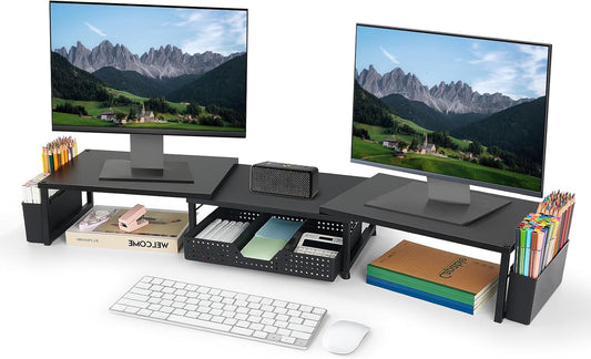 Desk Dual Monitor Stand Riser - Desk Organizer with Drawer and Pen Holders, Office Desk Accessories & Workspace Organization, Computer Monitor Stand for Laptop, Printer, TV(Black Wood)