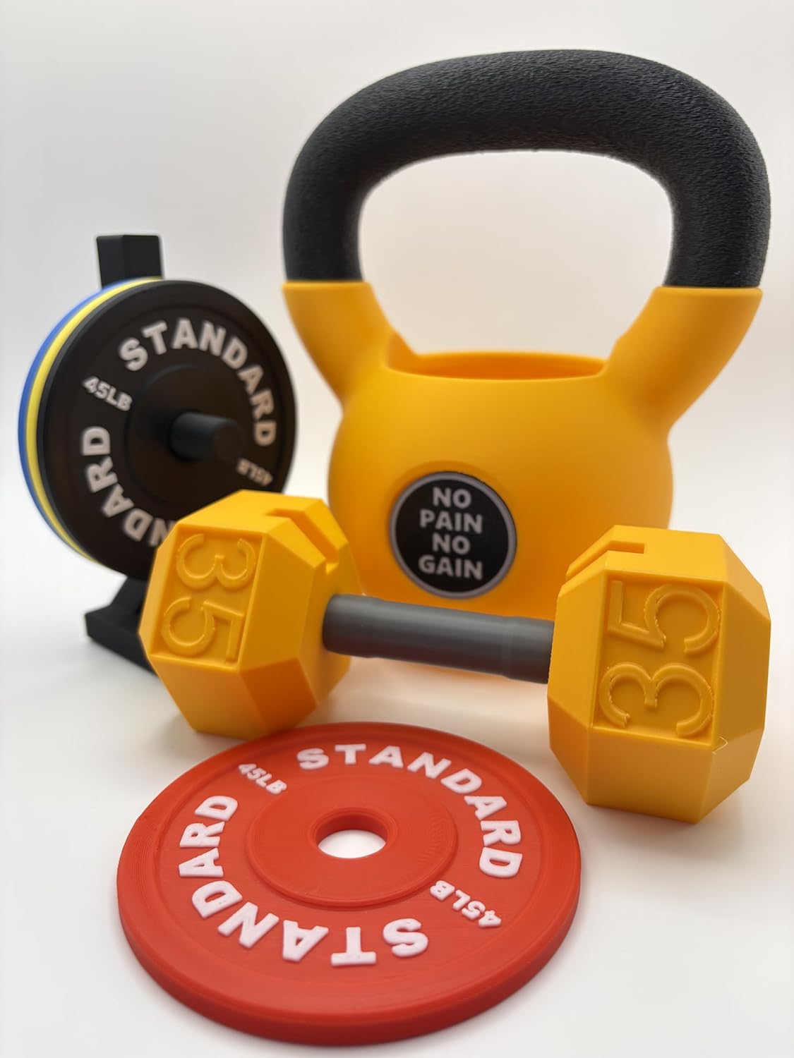 Gym Desk Accessory Set – Dumbbell Business Card Holder, Barbell Coastr & Pen Stand | Fitness-Themed Office Decor | PLA Eco Material (Orange)