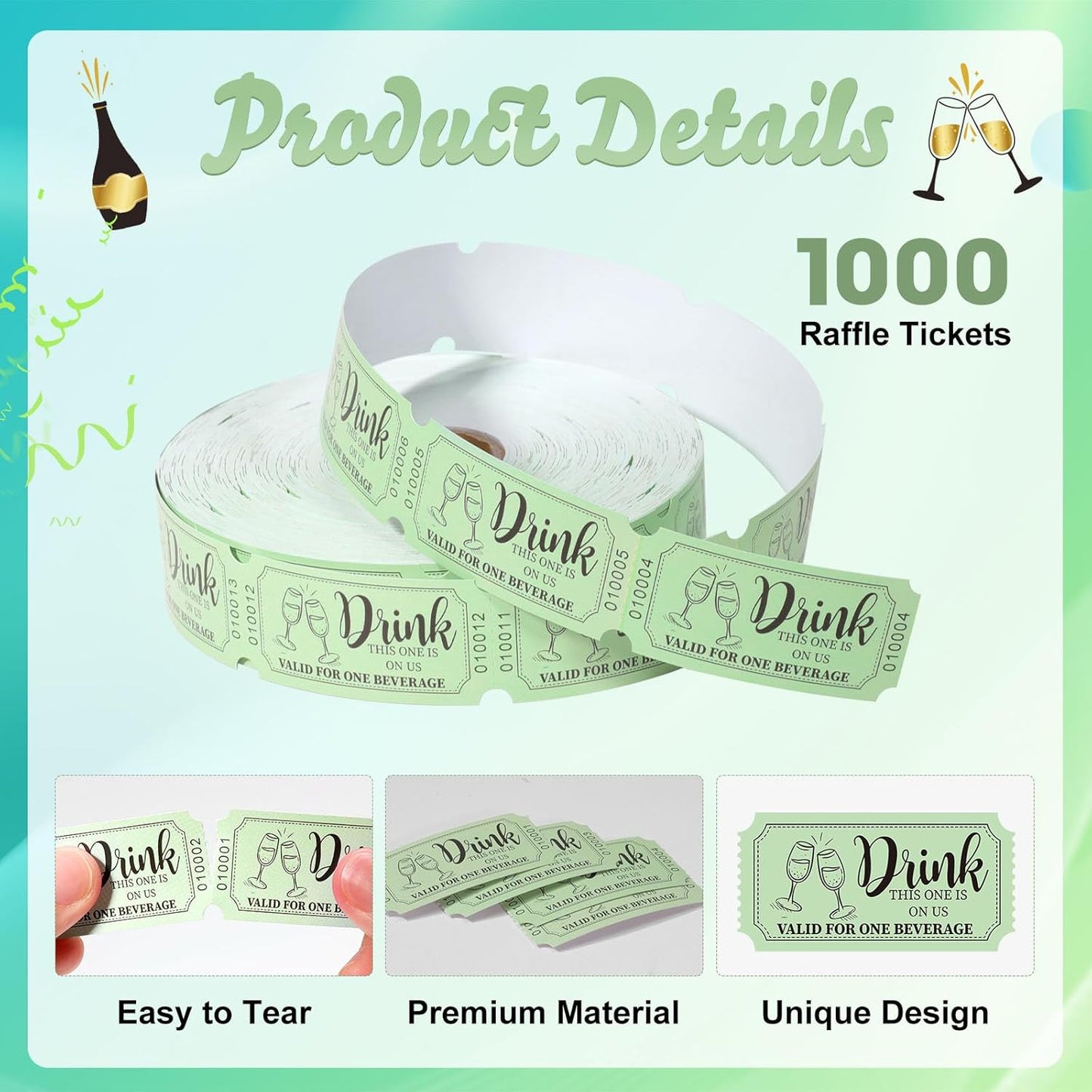 1000 Pcs Drink Ticket Single Raffle Tickets Roll Sage Green Free Drink Ticket for Events Wedding Work Formal Parties Leisure Class Reward