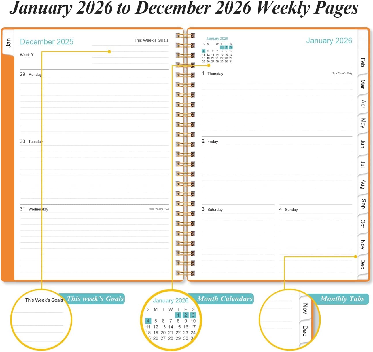 2026 Planner - Weekly and Monthly Calendar Planner from Jan 2026 - Dec 2026, Planner 2026 Spiral Bound with 12 Monthly Tabs, Inner Pocket, Perfect for School Office Supplies, 6.4" x 8.5", Orange-C