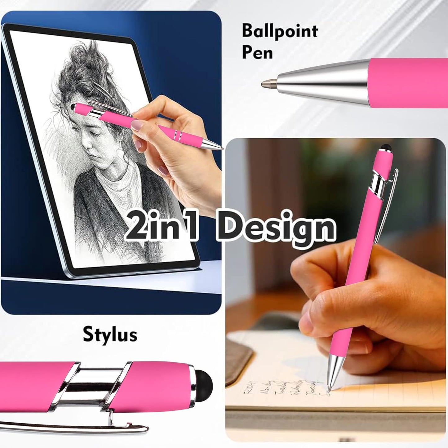 12 PCS 2 in 1 Stylus Ballpoint Pen with Stylus Tip, 1.0 mm Black Ink Metal Pen Stylus Pen for Touch Screens (Silver & Pink)