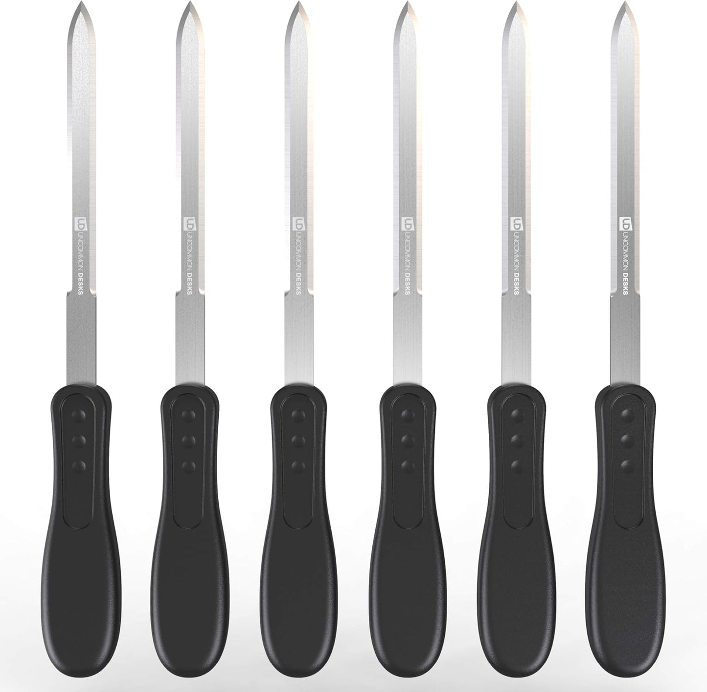 Uncommon Desks Office Letter Opener - Stainless Steel Knife-Edge Blade, Ergonomic Grip Handle (Black, 6 Pieces)