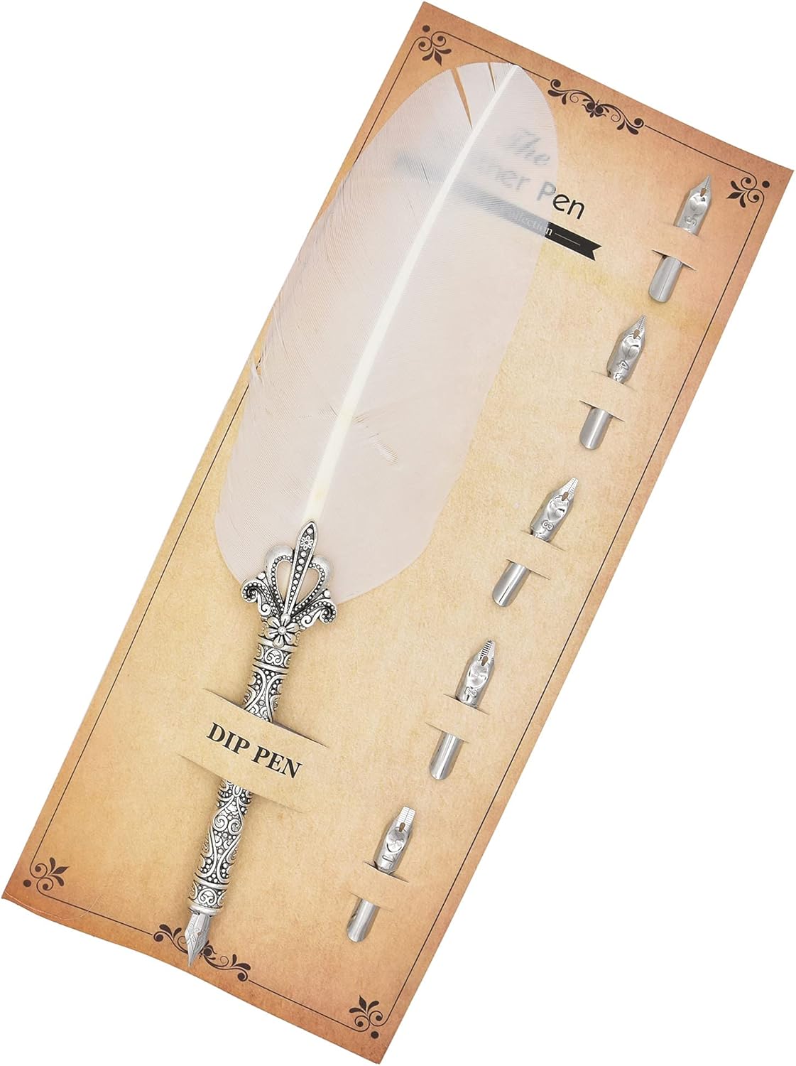 Gullor Calligraphy Feather Quill Pen and 5 Calligraphy Nibs for Beginners Kids Calligraphy Writing Quill Dip Pen Set, White