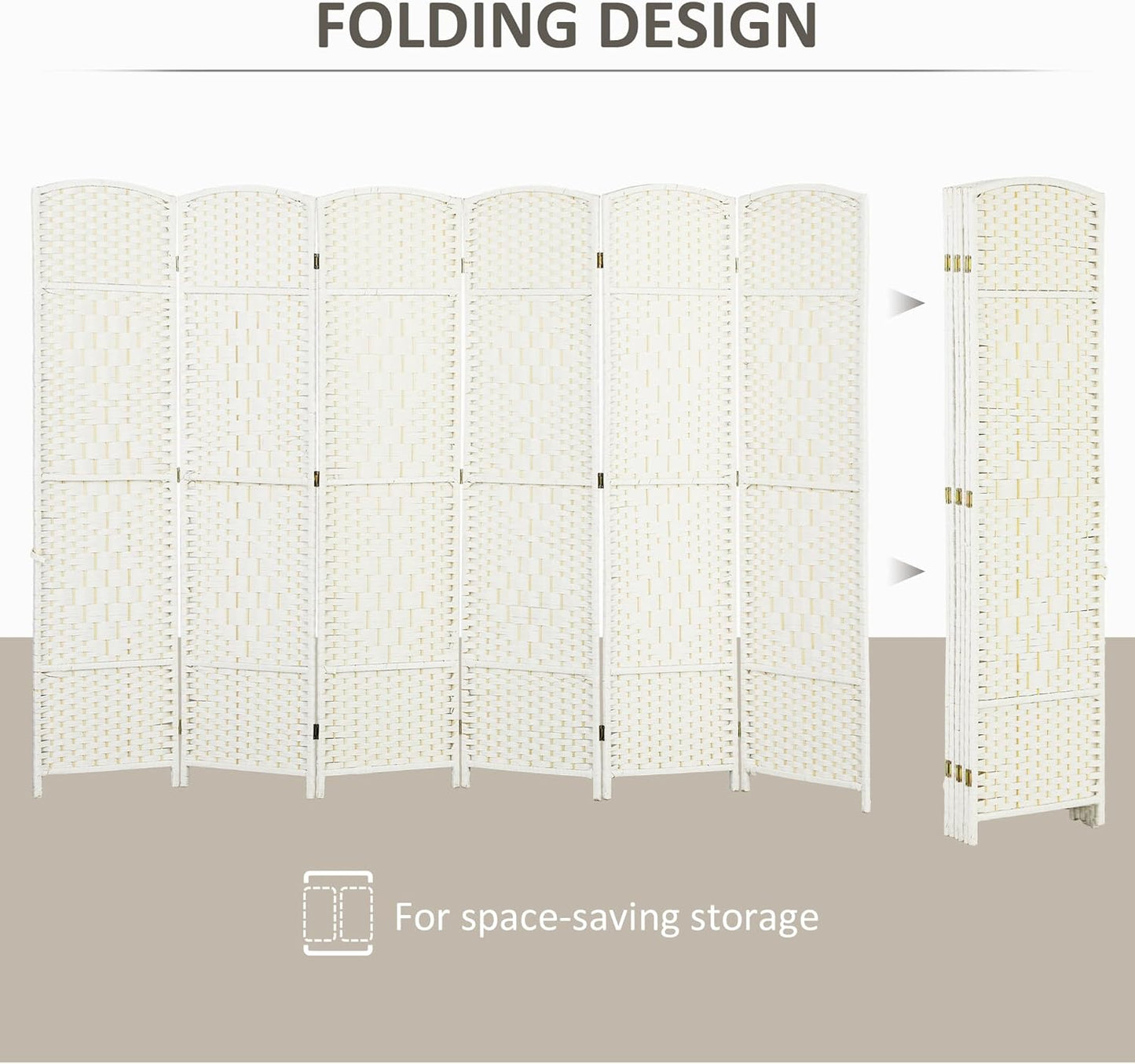 HOMCOM 6 Panel Room Divider, 6' Tall Folding Privacy Screen, Hand-Woven Freestanding Wall Partition for Home Office, Bedroom, White