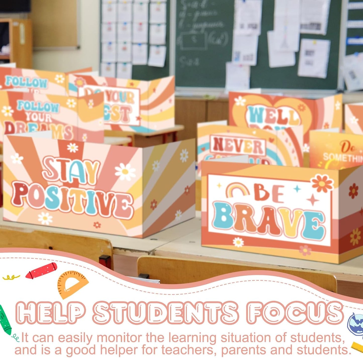 Honoson 24 Pcs Bulk Inspirational Privacy Folders for Students Cardboard Test Privacy Boards Motivational Words Desk Dividers Shield for Classroom School Study Supplies, 6 Styles(Groovy)